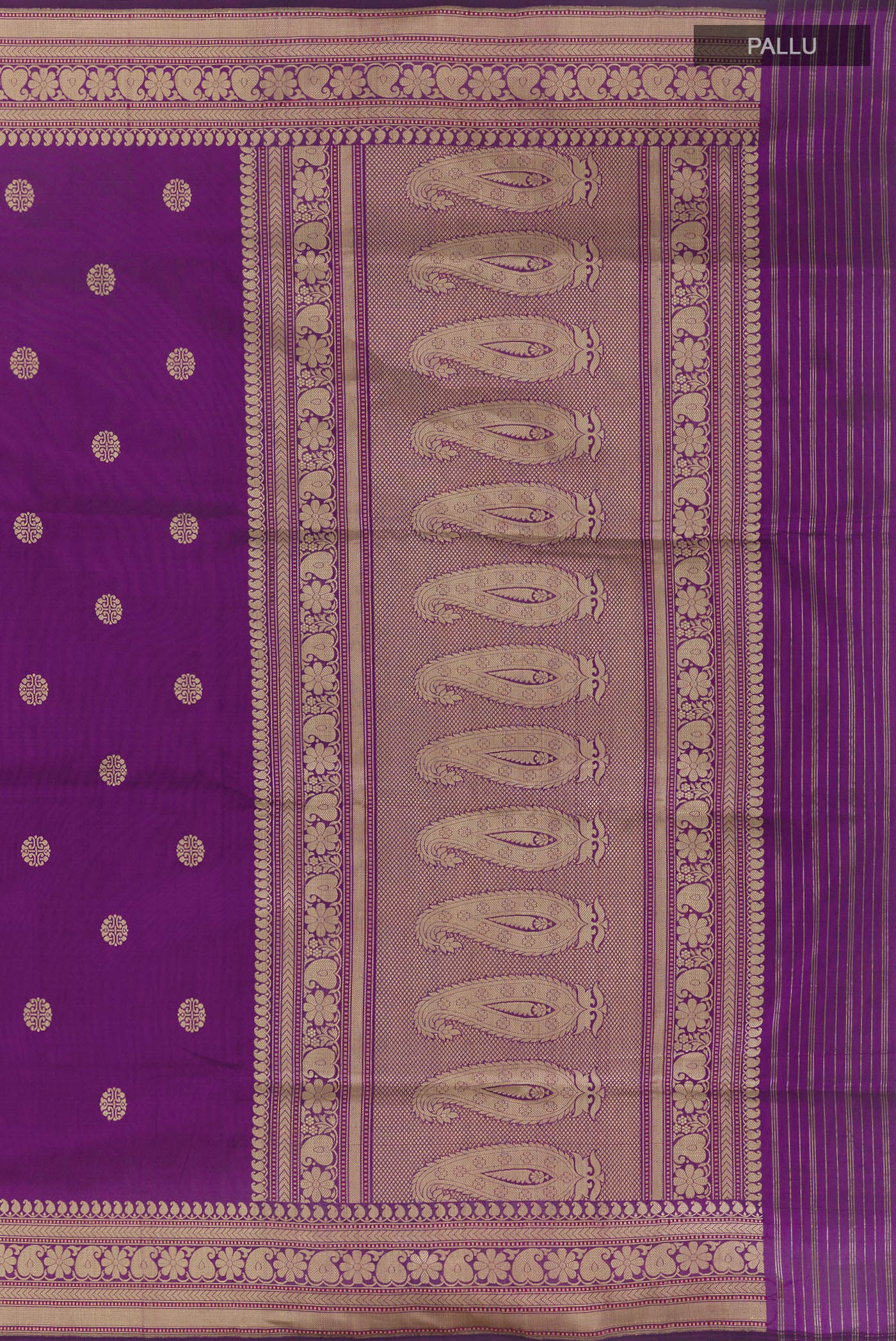 Close up image of the pallu of Purple Banarasi Silk Saree with Zari Butta on the body and Zari Border. 