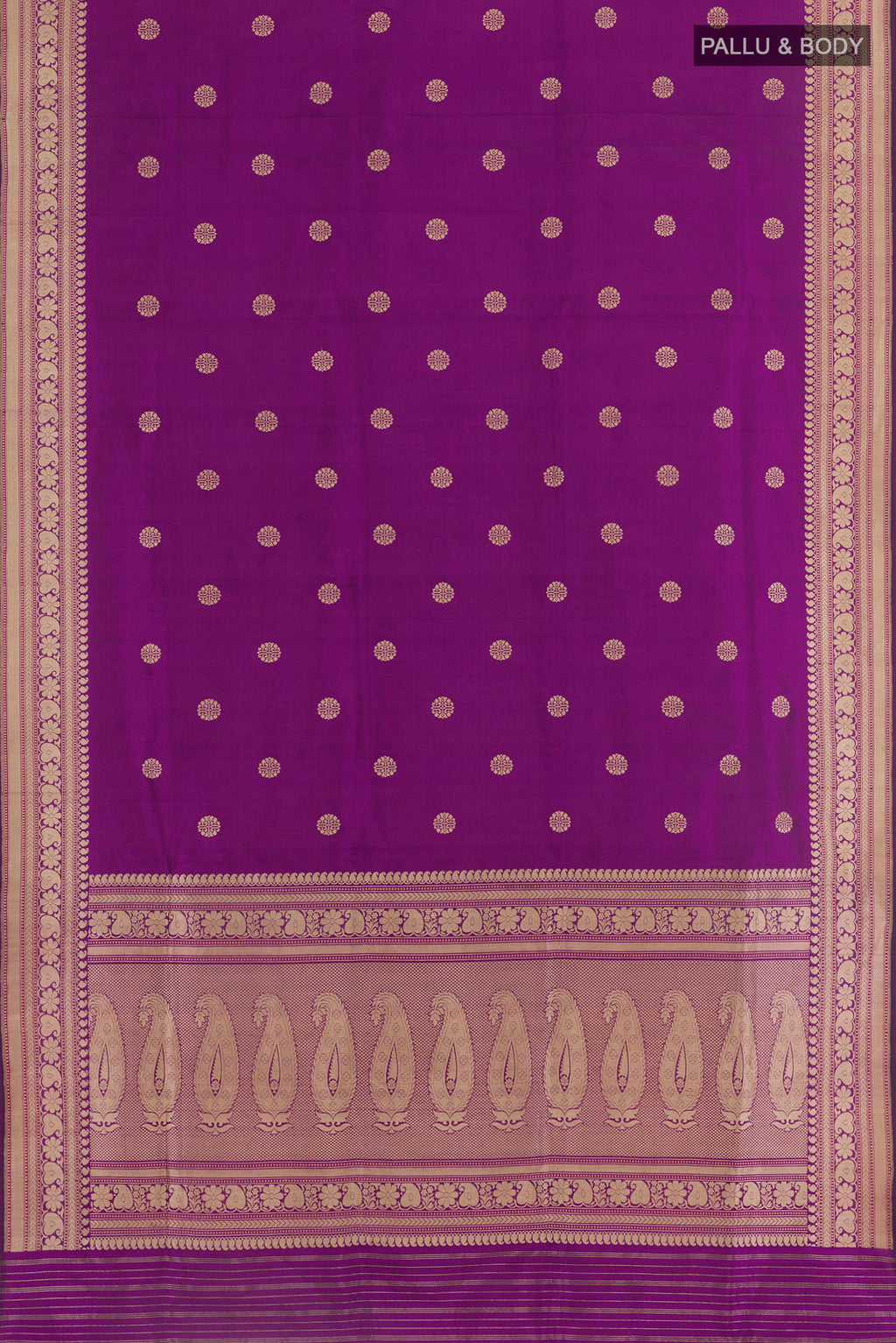 Flat view of Purple Banarasi Silk Saree with Zari Butta on the body and Zari Border. 