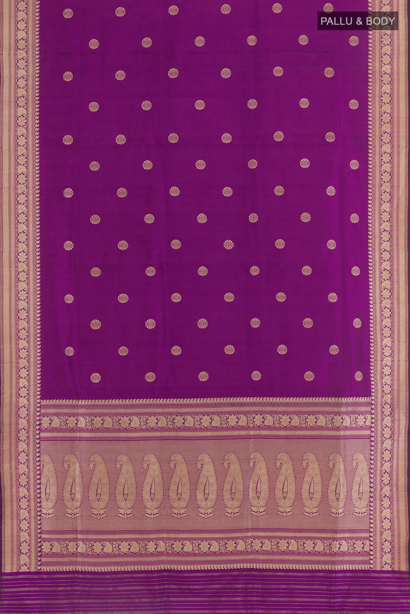 Flat view of Purple Banarasi Silk Saree with Zari Butta on the body and Zari Border. 