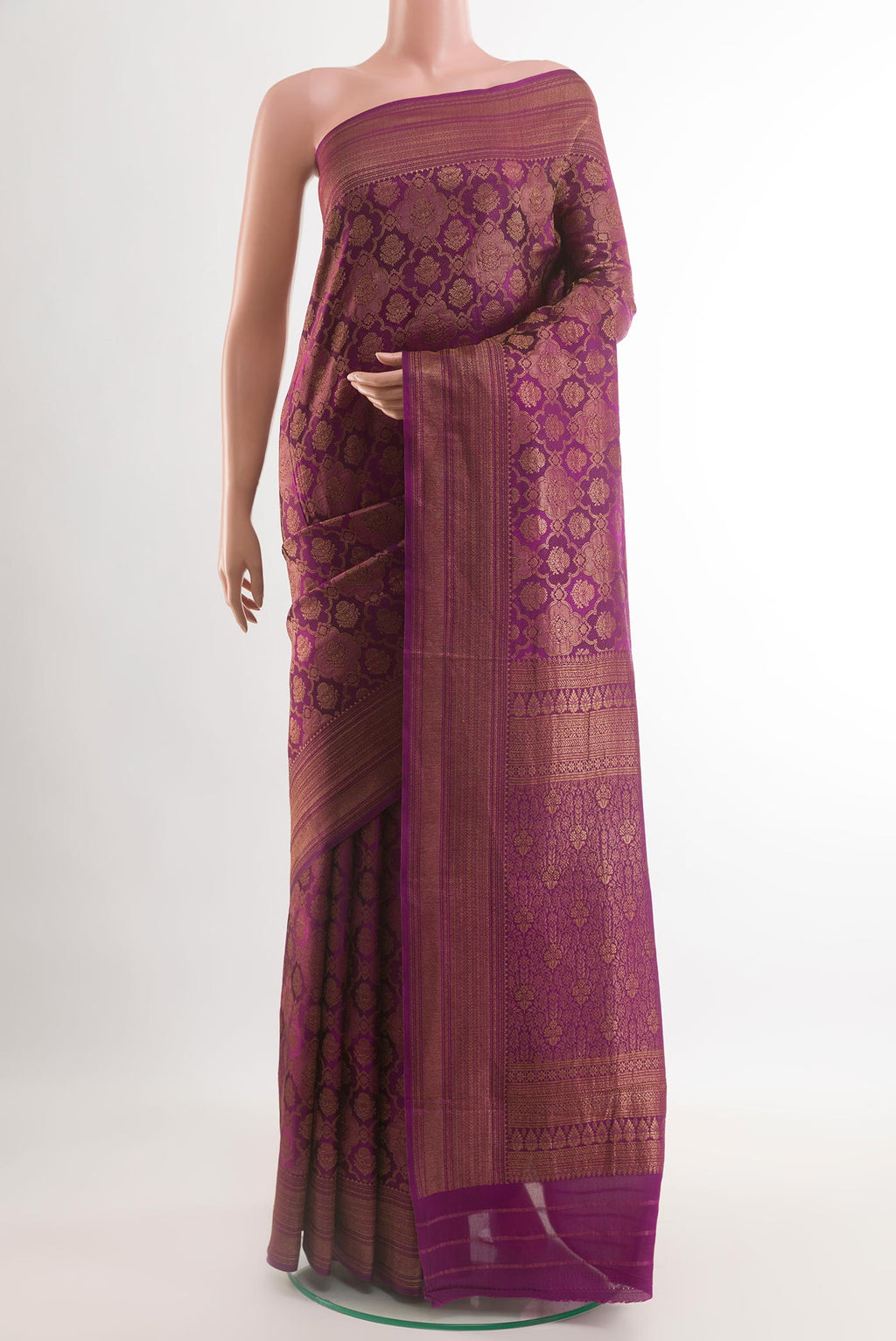Purple Mysore Crepe Saree with Zari Brocade on the body and Zari Border.  displayed on a mannequin