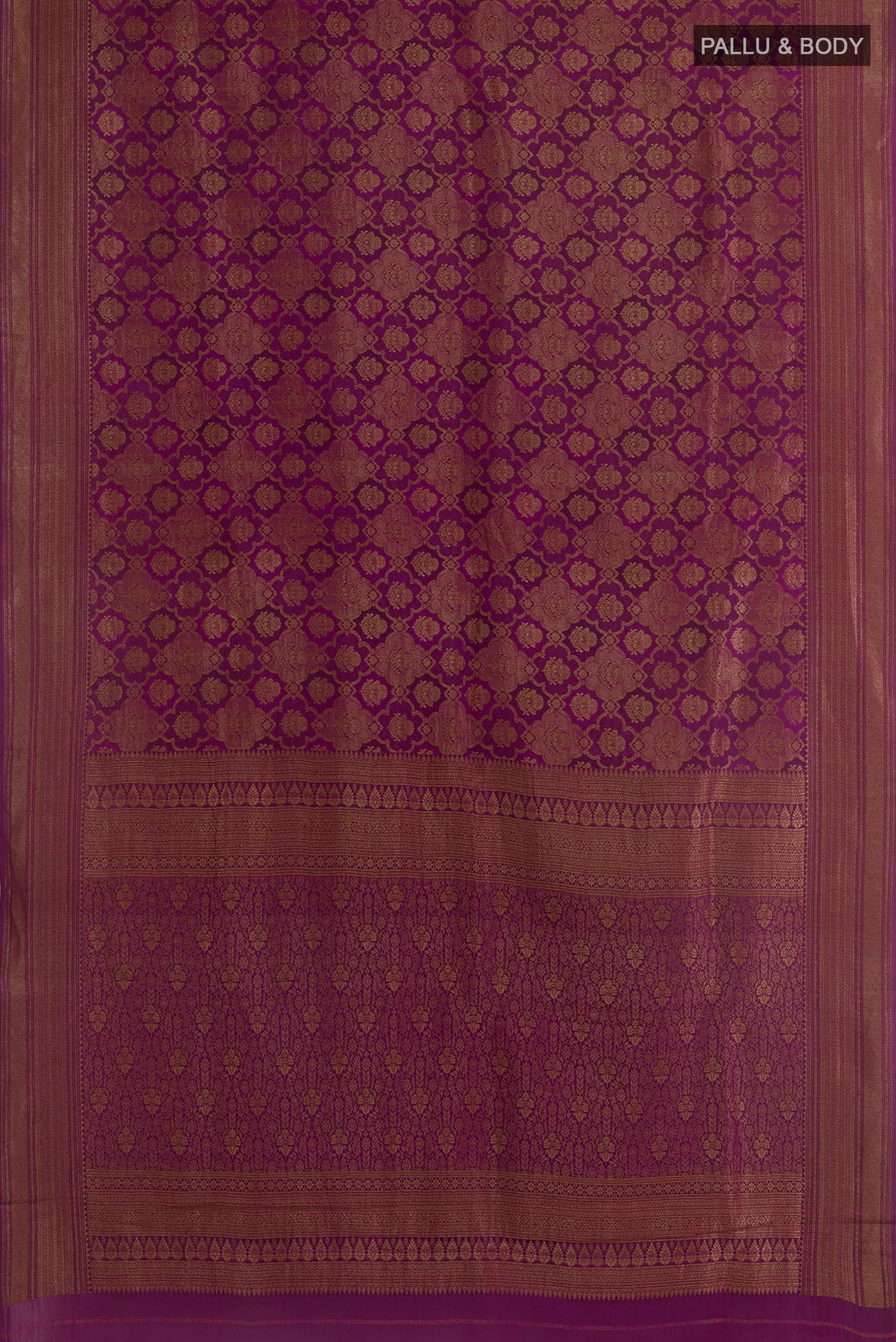 Flat view of Purple Mysore Crepe Saree with Zari Brocade on the body and Zari Border. 