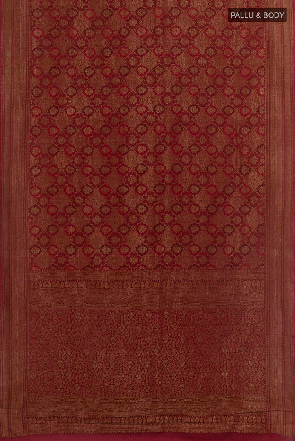 Flat view of Red Mysore Crepe Saree with Zari Brocade on the body and Zari Border. 