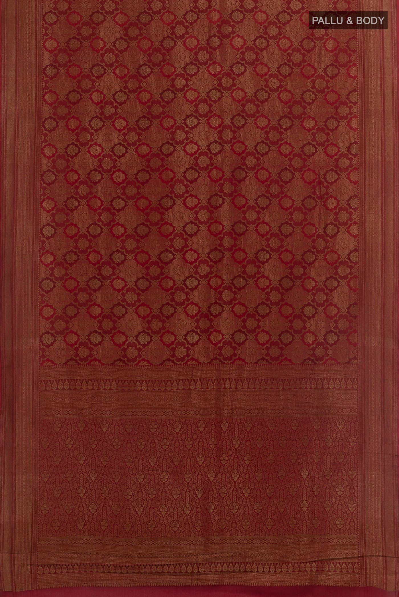 Flat view of Red Mysore Crepe Saree with Zari Brocade on the body and Zari Border. 