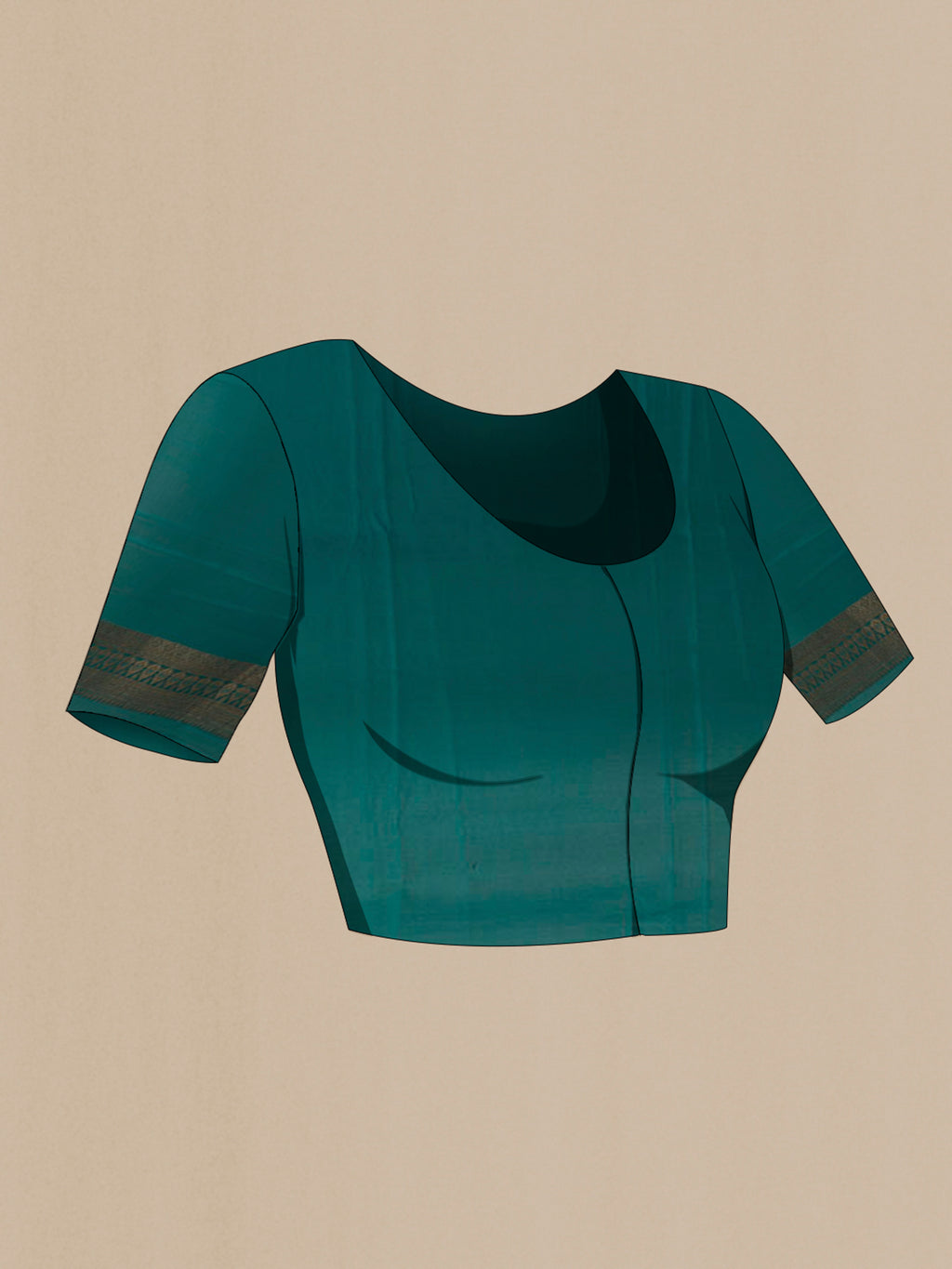 Close up image of the blouse of Sea Green Mysore Crepe Saree with Zari Brocade on the body and Zari Border. 