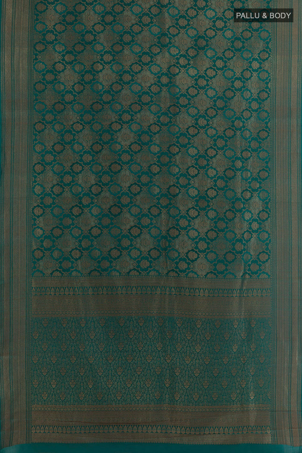 Flat view of Sea Green Mysore Crepe Saree with Zari Brocade on the body and Zari Border. 
