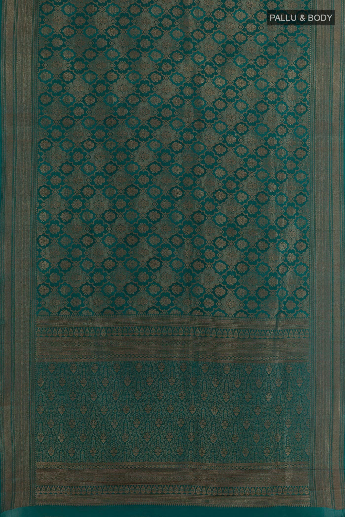Flat view of Sea Green Mysore Crepe Saree with Zari Brocade on the body and Zari Border. 