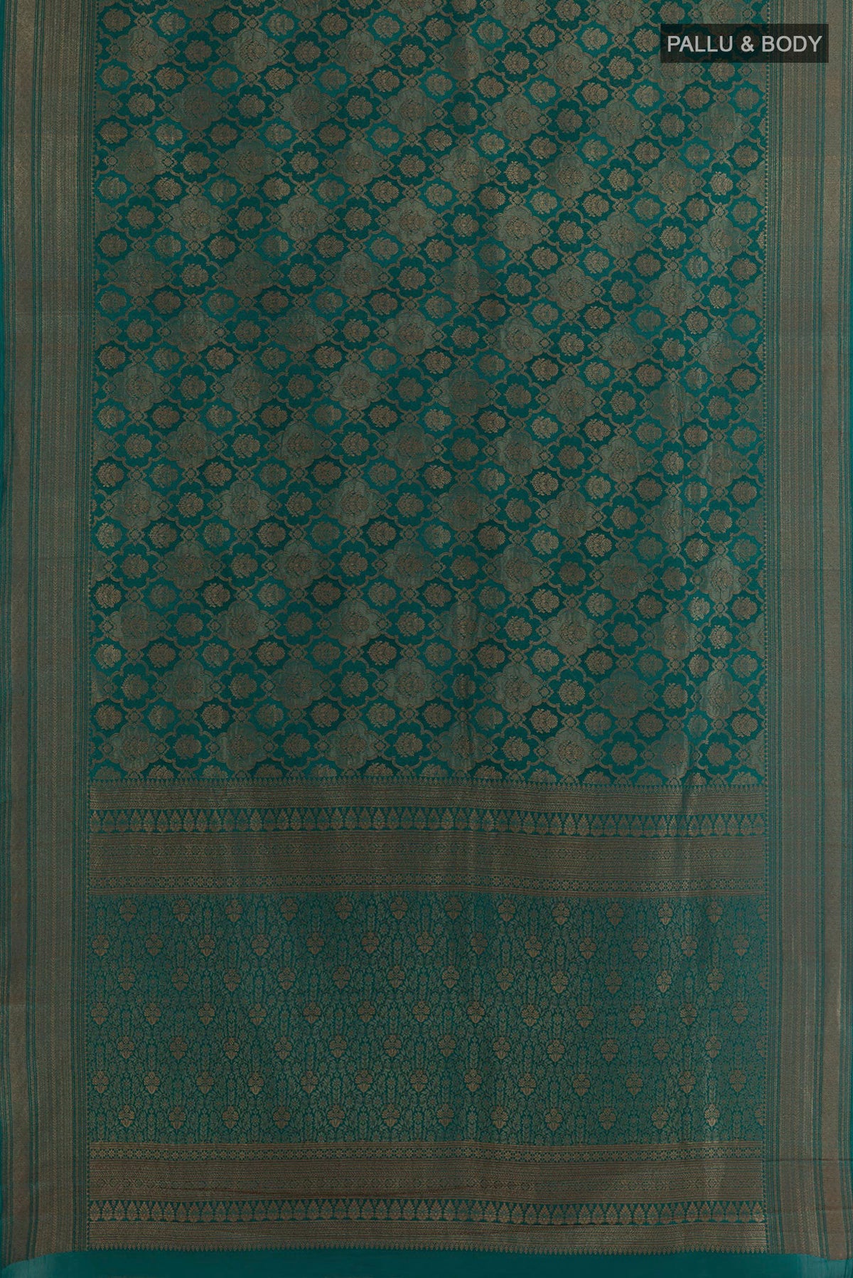 Flat view of Sea Green Mysore Crepe Saree with Zari Brocade on the body and Zari Border. 