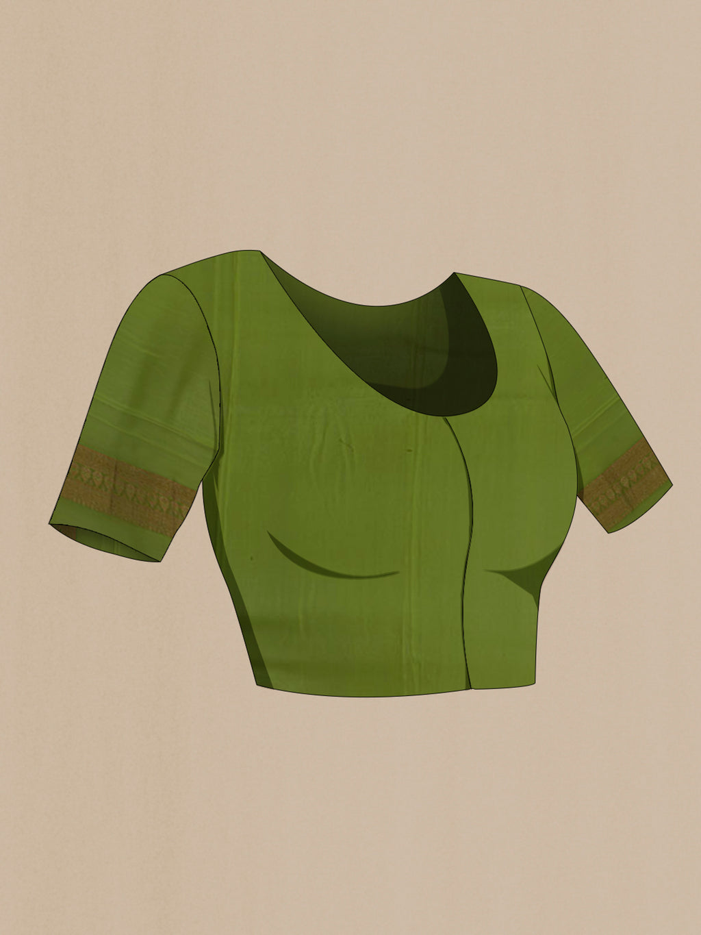 Close up image of the blouse of Green Mysore Crepe Saree with Zari Brocade on the body and Zari Border. 