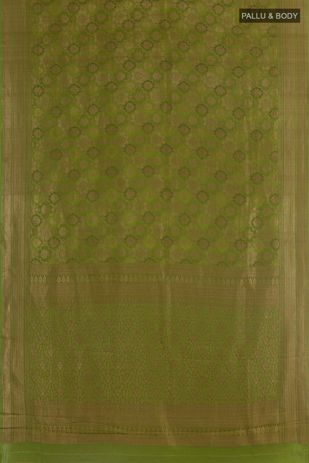 Flat view of Green Mysore Crepe Saree with Zari Brocade on the body and Zari Border. 