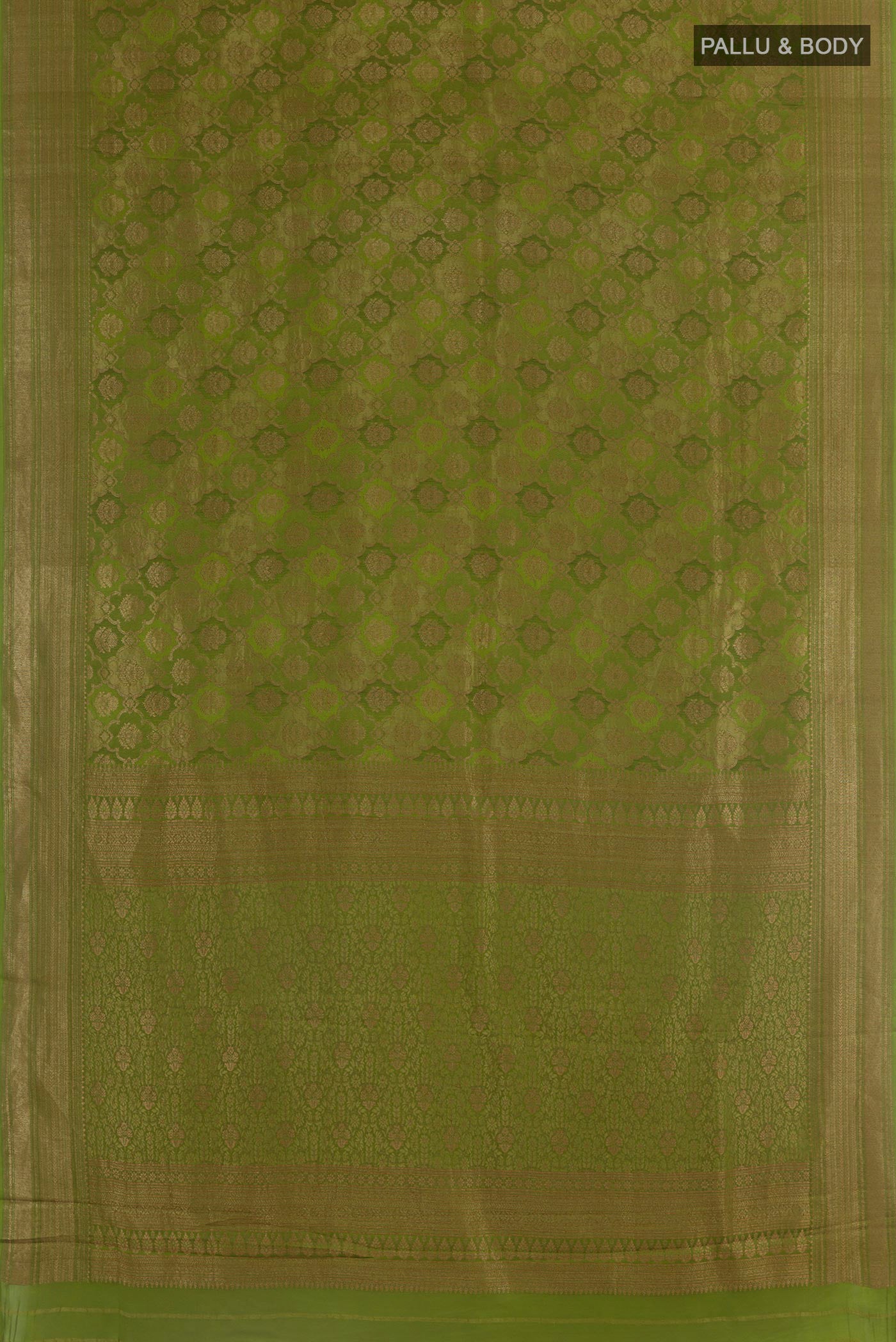 Flat view of Green Mysore Crepe Saree with Zari Brocade on the body and Zari Border. 