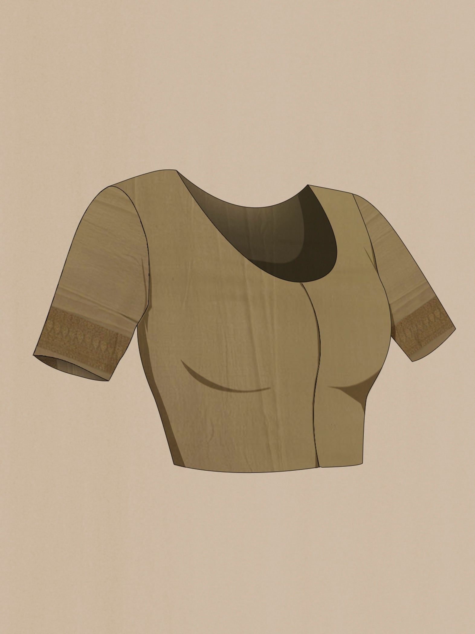 Close up image of the blouse of Beige Mysore Crepe Saree with Zari Brocade on the body and Zari Border. 