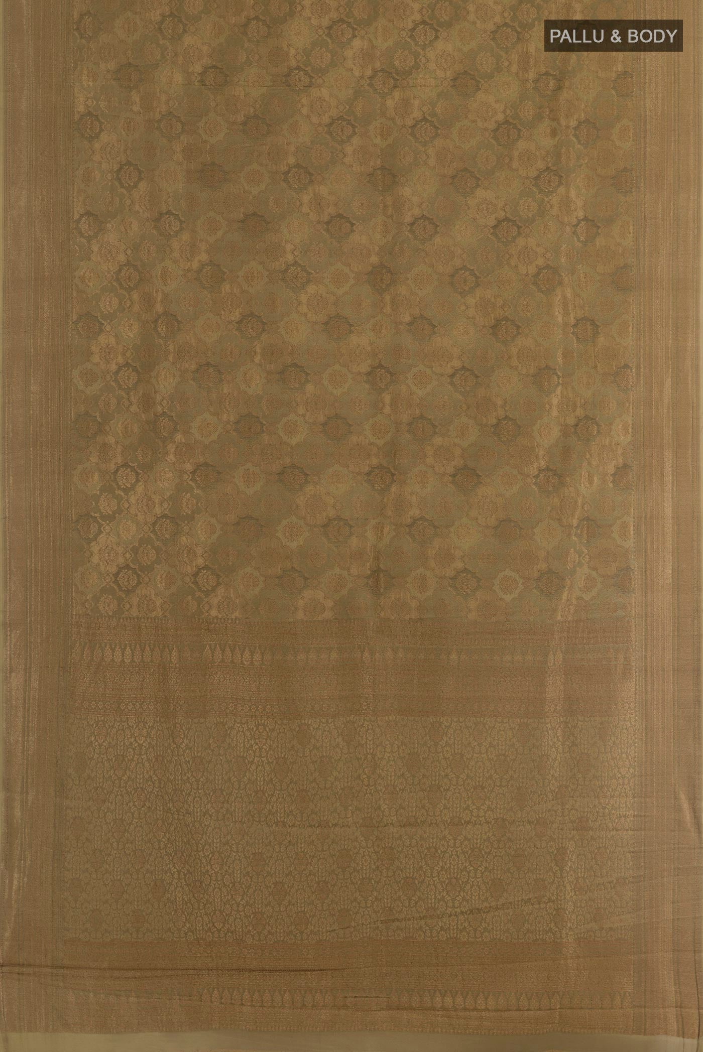 Flat view of Beige Mysore Crepe Saree with Zari Brocade on the body and Zari Border. 