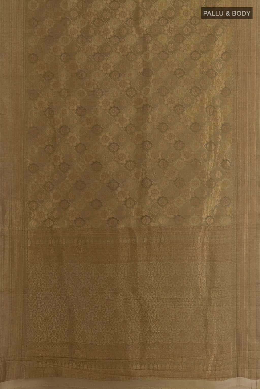 Flat view of Beige Mysore Crepe Saree with Zari Brocade on the body and Zari Border. 