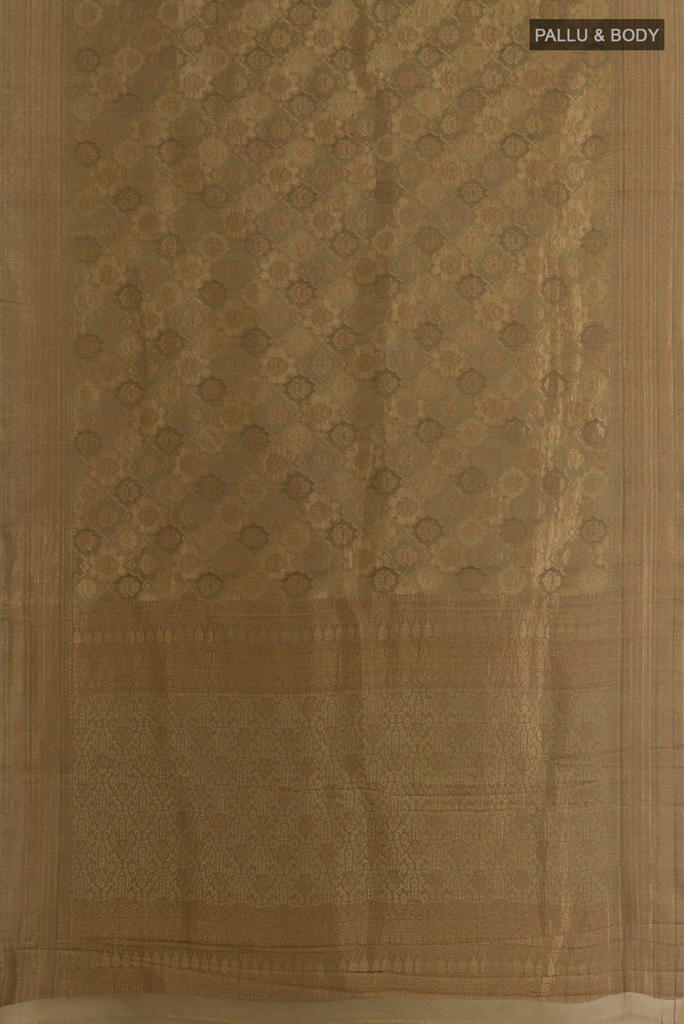 Flat view of Beige Mysore Crepe Saree with Zari Brocade on the body and Zari Border. 
