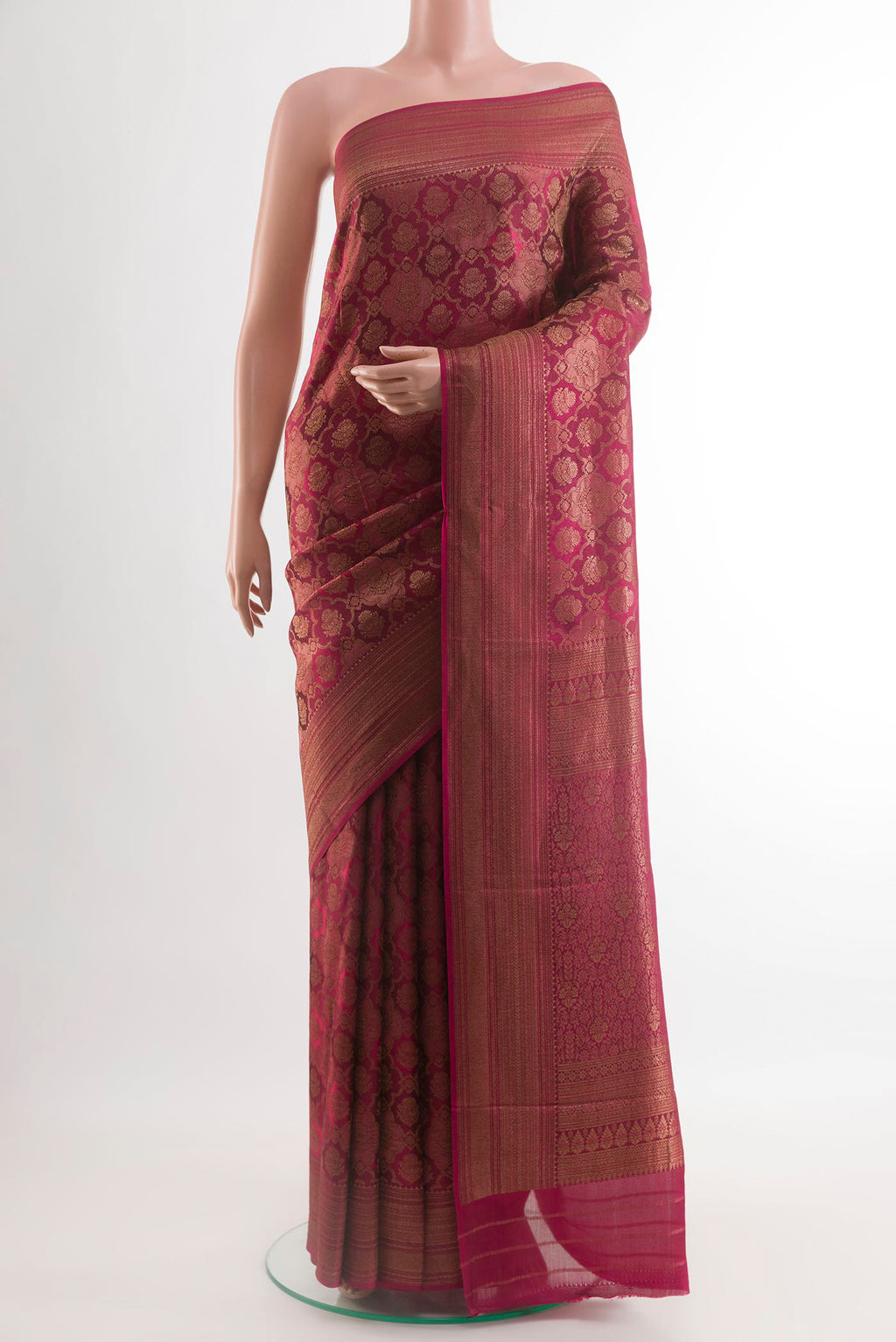 Pink Mysore Crepe Saree with Zari Brocade on the body and Zari Border.  displayed on a mannequin