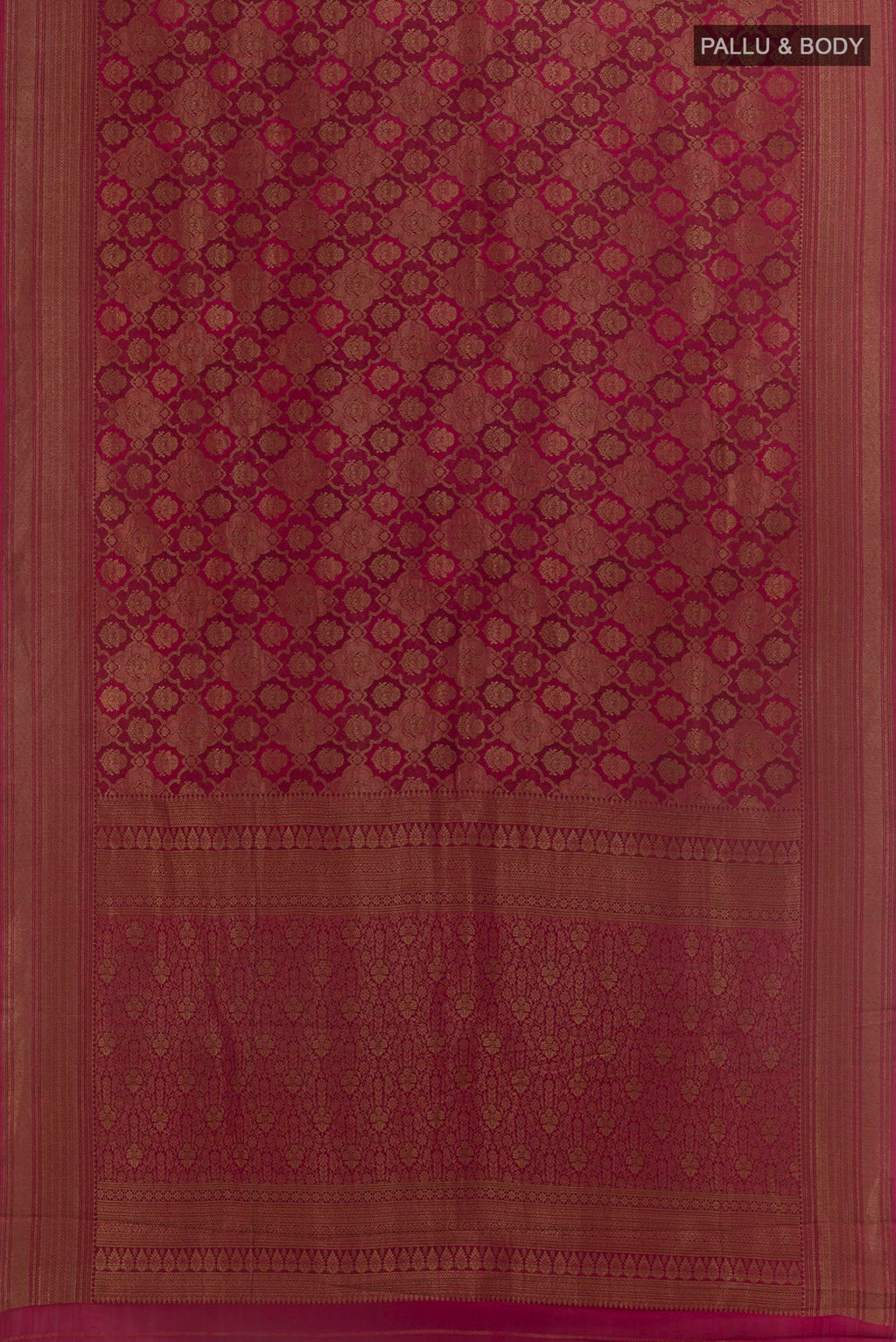 Flat view of Pink Mysore Crepe Saree with Zari Brocade on the body and Zari Border. 