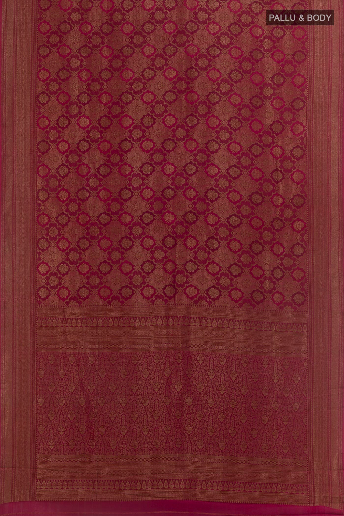 Flat view of Pink Mysore Crepe Saree with Zari Brocade on the body and Zari Border. 