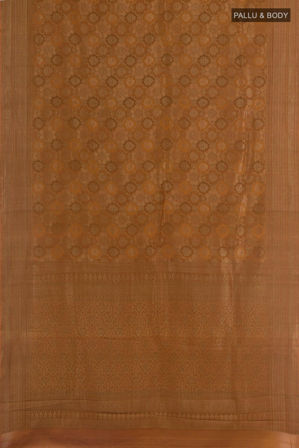 Flat view of Mustard Mysore Crepe Saree with Zari Brocade on the body and Zari Border. 