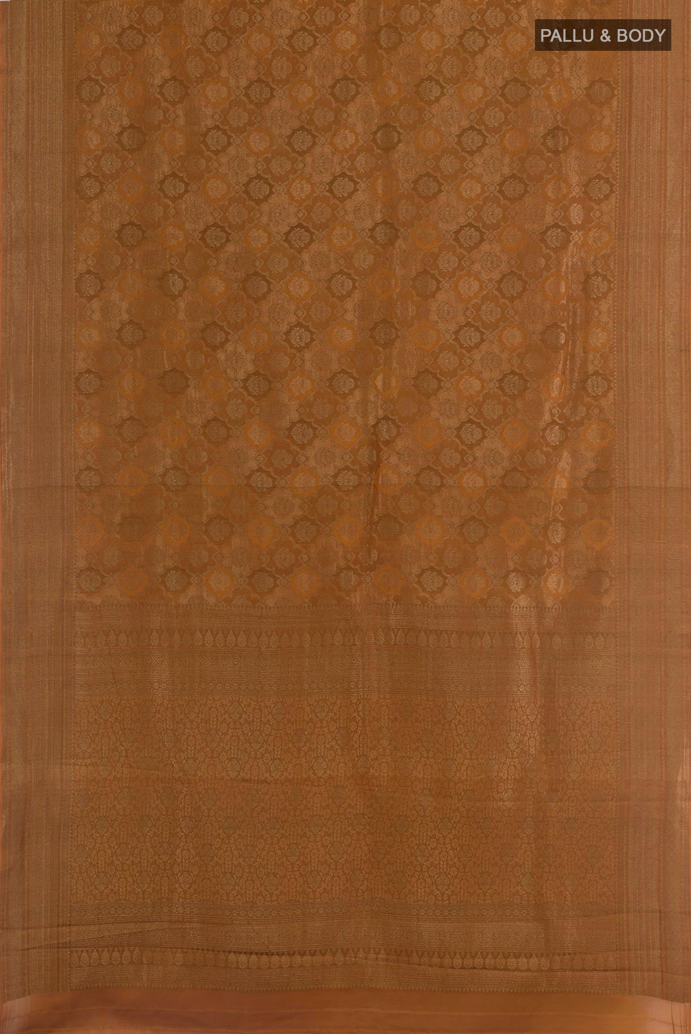 Flat view of Mustard Mysore Crepe Saree with Zari Brocade on the body and Zari Border. 