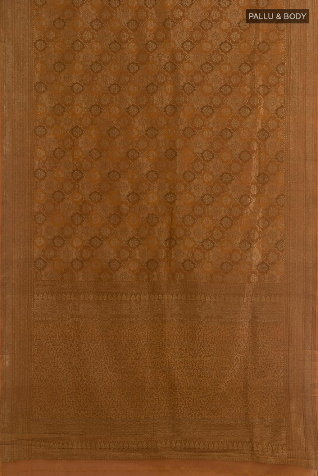 Flat view of Brown Mysore Crepe Saree with Zari Brocade on the body and Zari Border. 