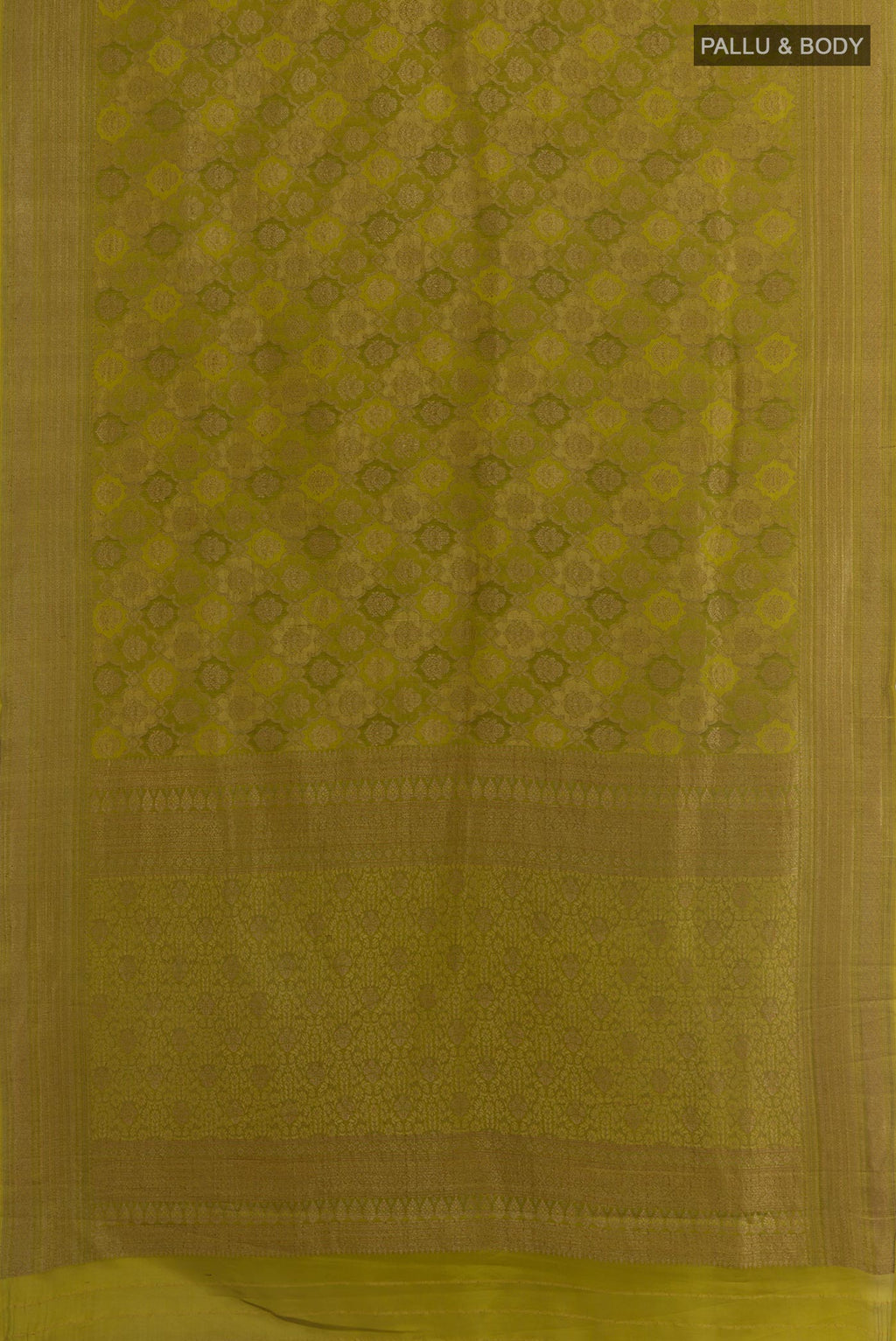 Flat view of Mehandi Green Mysore Crepe Saree with Zari Brocade on the body and Zari Border. 