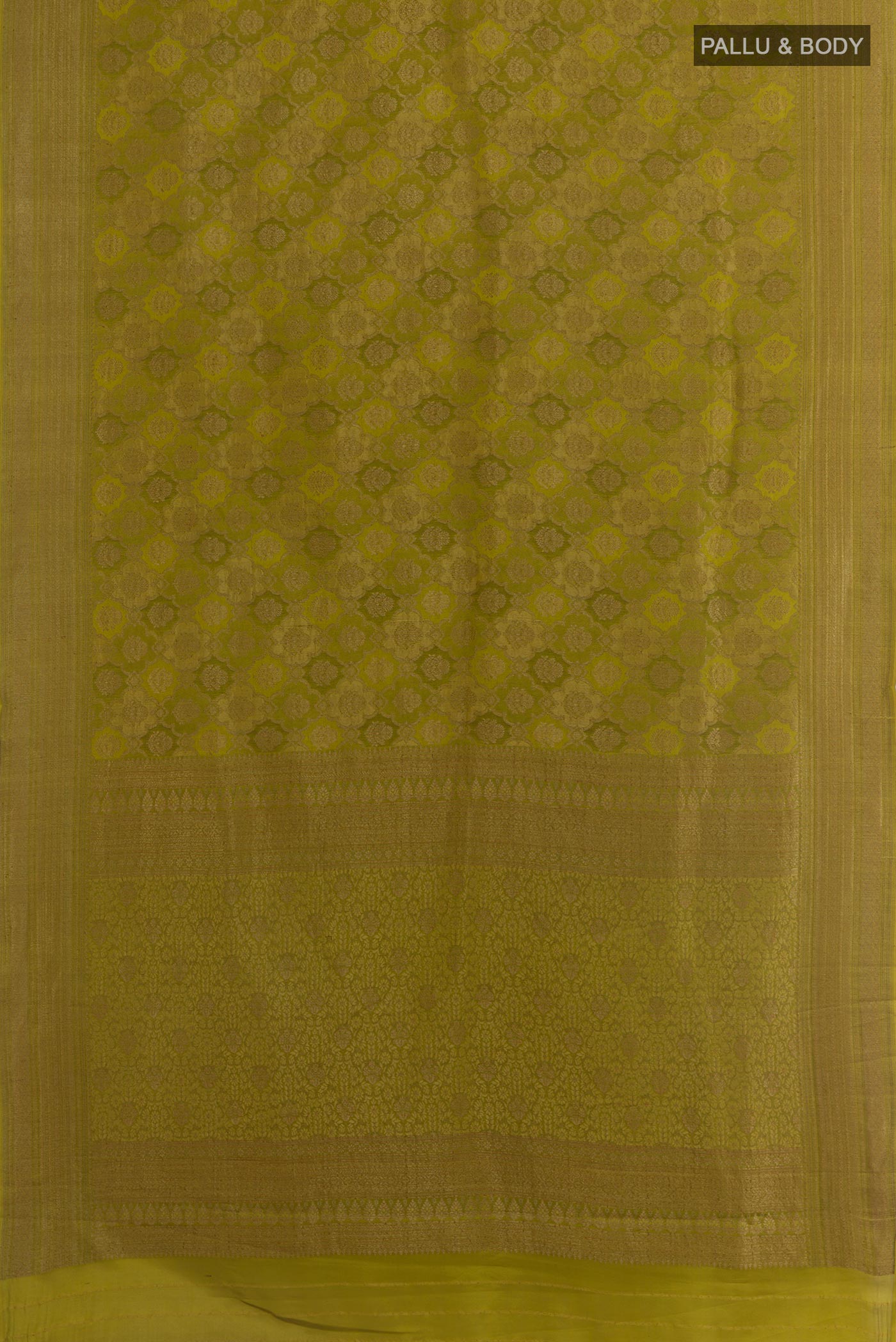 Flat view of Mehandi Green Mysore Crepe Saree with Zari Brocade on the body and Zari Border. 