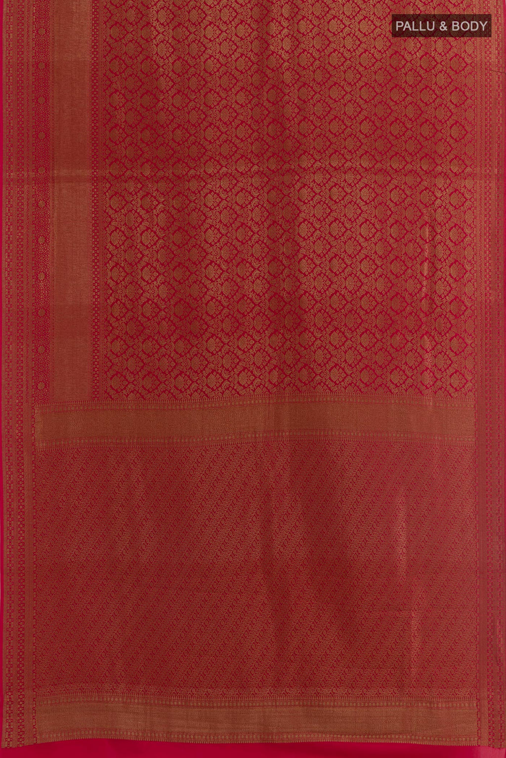 Flat view of Red Mysore Crepe Saree with Zari Brocade on the body and Zari Border. 
