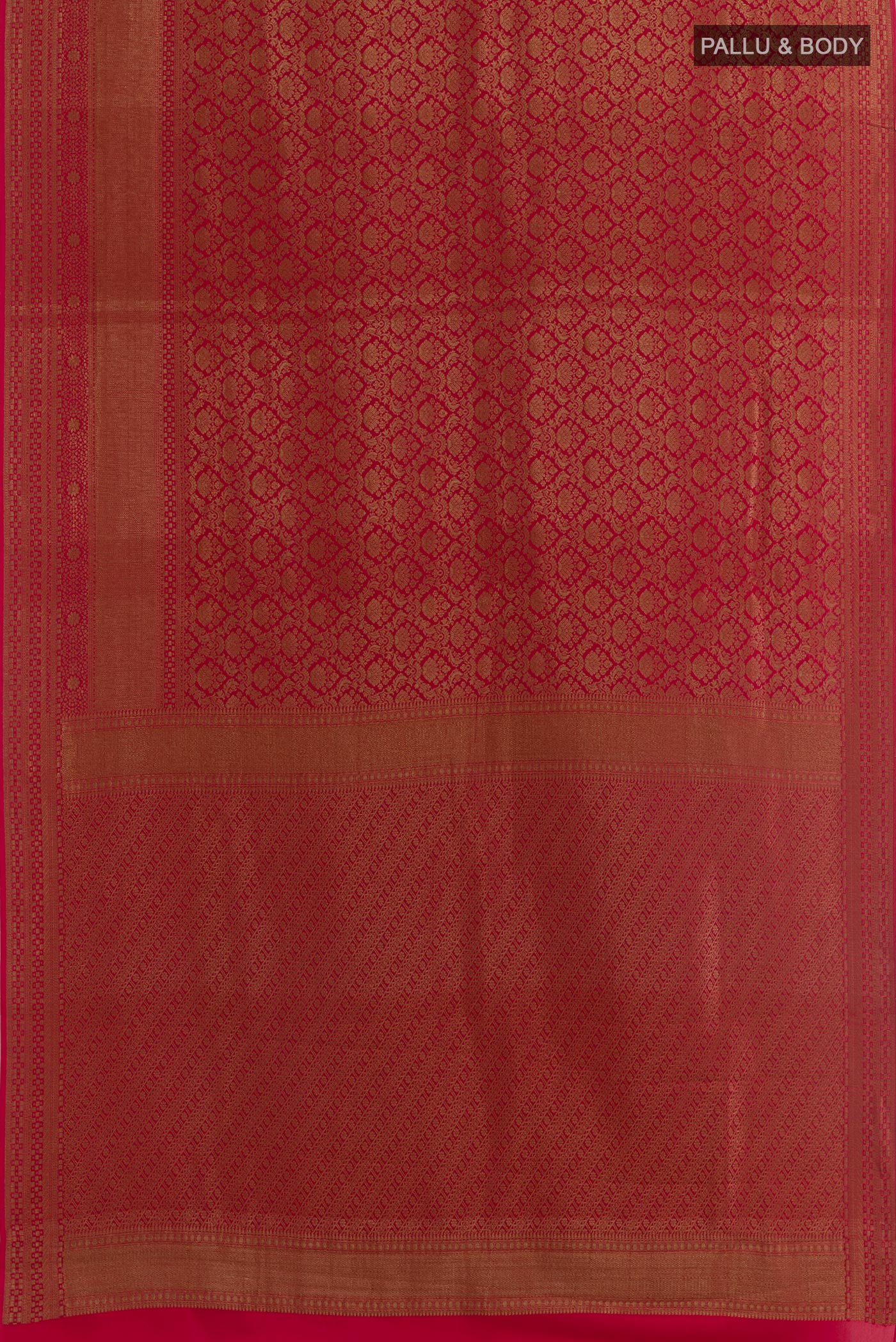 Flat view of Red Mysore Crepe Saree with Zari Brocade on the body and Zari Border. 
