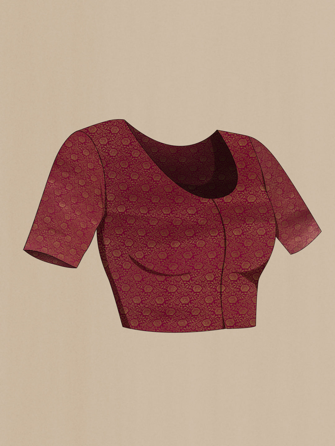Close up image of the blouse of Pink Mysore Crepe Saree with Zari Brocade on the body and Zari Border. 