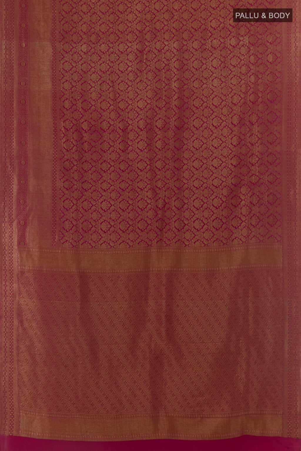 Flat view of Pink Mysore Crepe Saree with Zari Brocade on the body and Zari Border. 