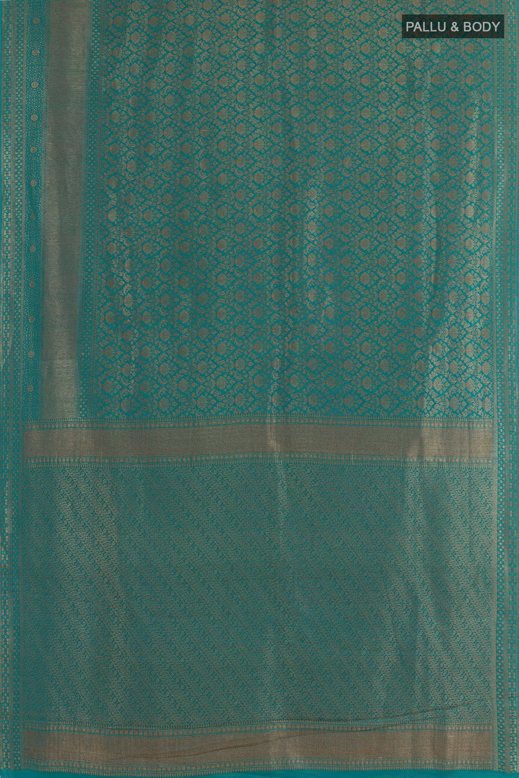 Flat view of Blue Mysore Crepe Saree with Zari Brocade on the body and Zari Border. 