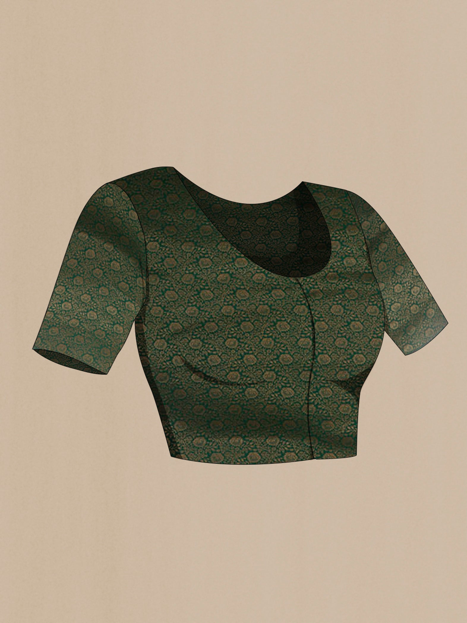 Close up image of the blouse of Green Mysore Crepe Saree with Zari Brocade on the body and Zari Border. 