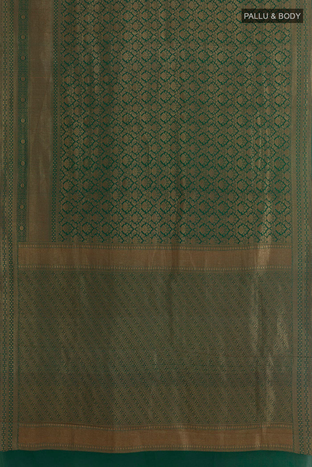Flat view of Green Mysore Crepe Saree with Zari Brocade on the body and Zari Border. 
