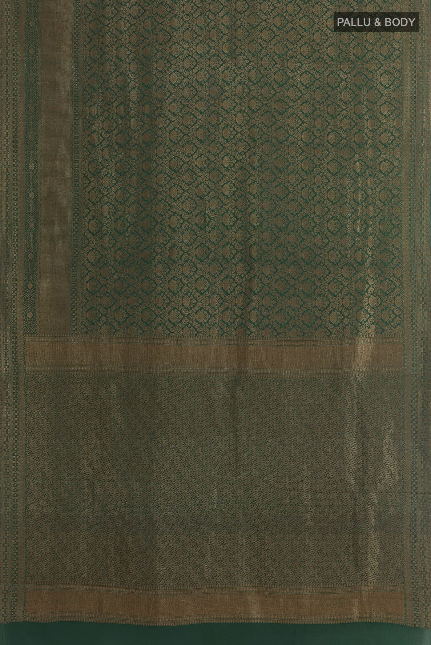 Flat view of Green Mysore Crepe Saree with Zari Brocade on the body and Zari Border. 