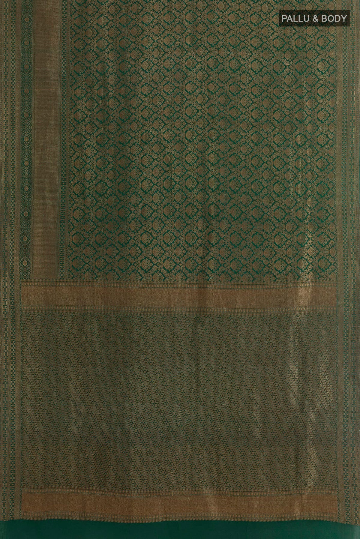 Flat view of Green Mysore Crepe Saree with Zari Brocade on the body and Zari Border. 