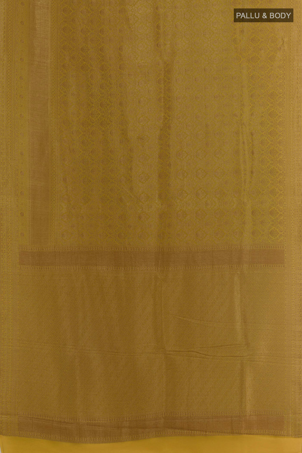 Flat view of Yellow Mysore Crepe Saree with Zari Brocade on the body and Zari Border. 