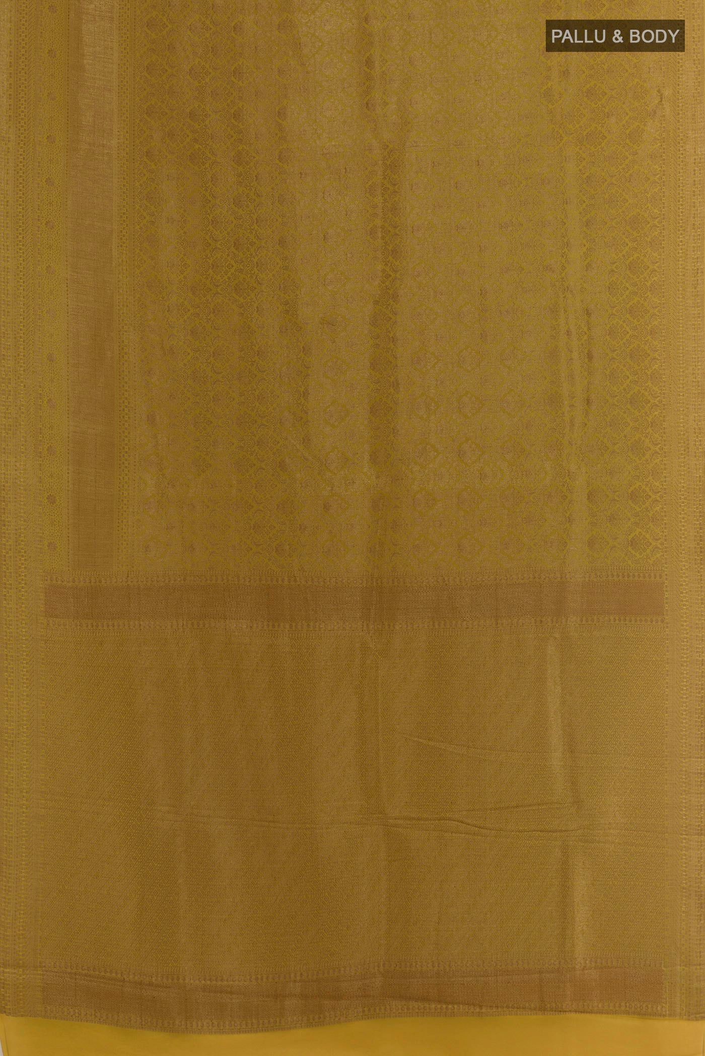 Flat view of Yellow Mysore Crepe Saree with Zari Brocade on the body and Zari Border. 