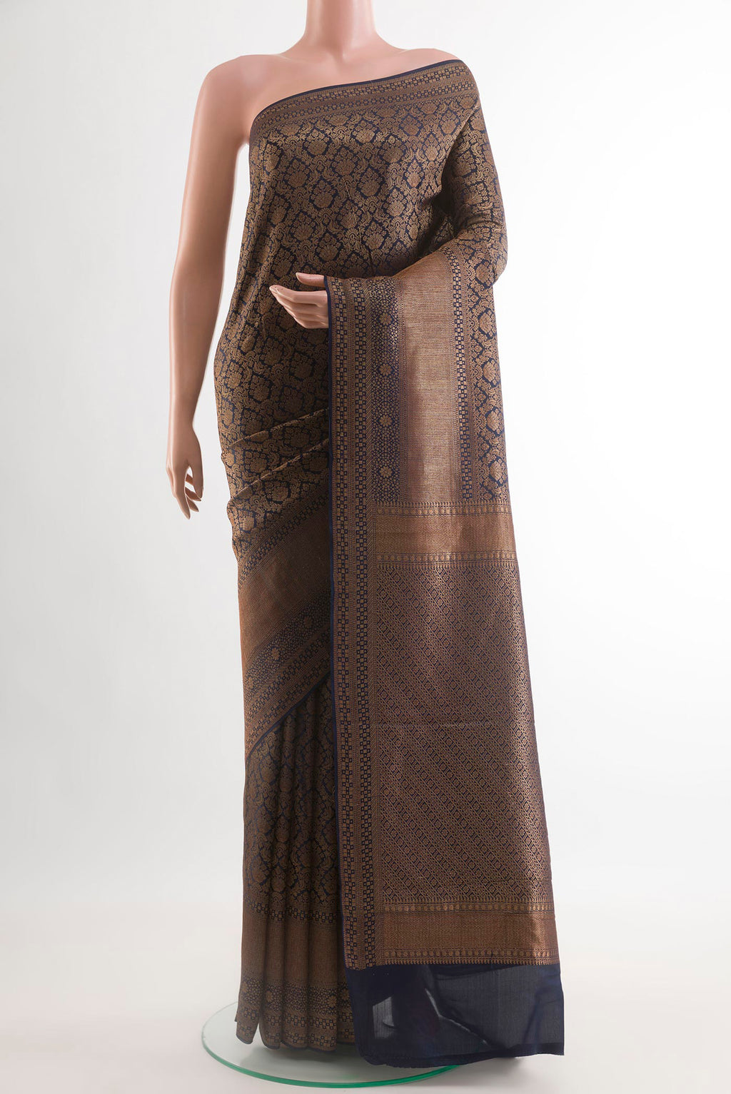 Blue Mysore Crepe Saree with Zari Brocade on the body and Zari Border.  displayed on a mannequin