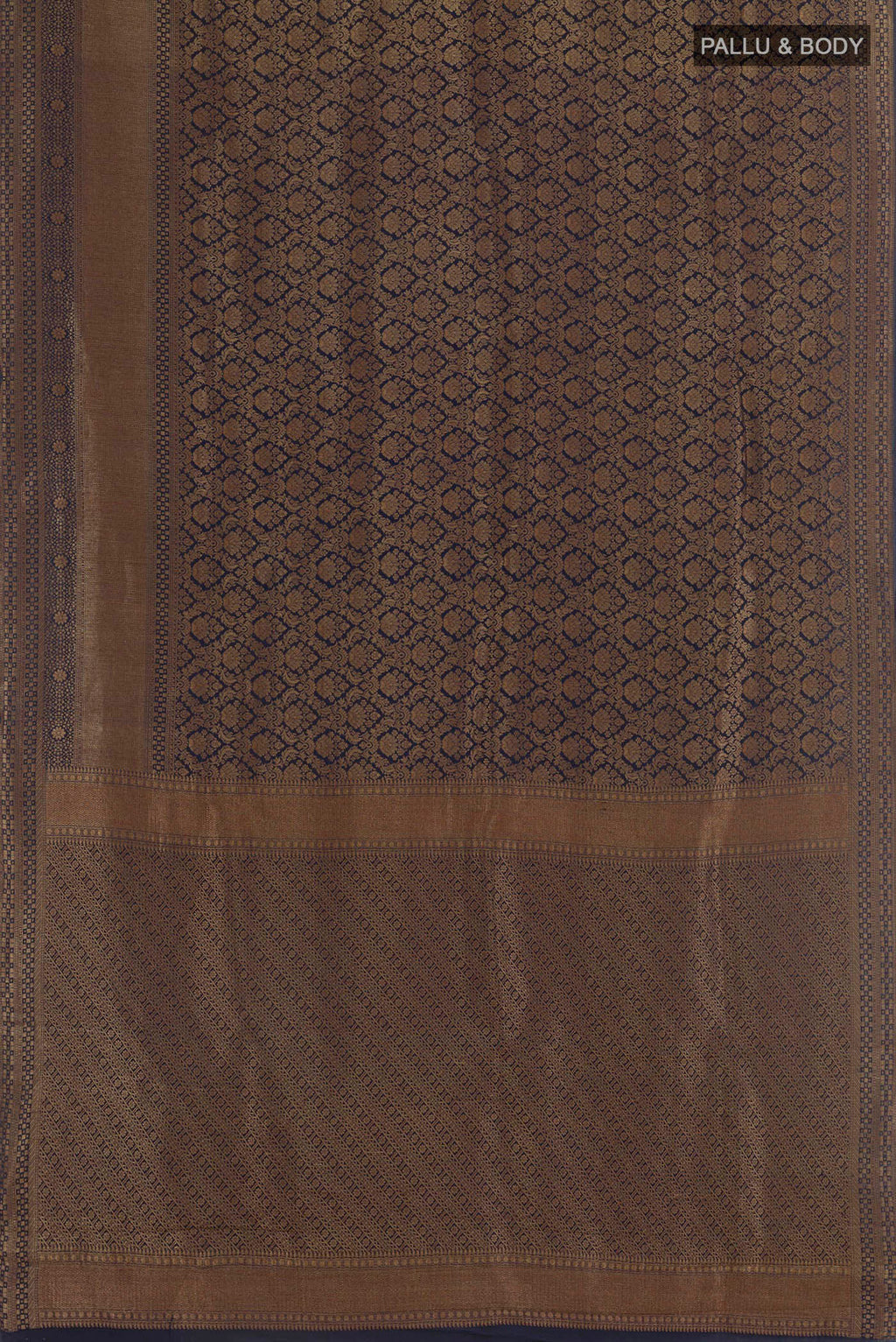 Flat view of Blue Mysore Crepe Saree with Zari Brocade on the body and Zari Border. 