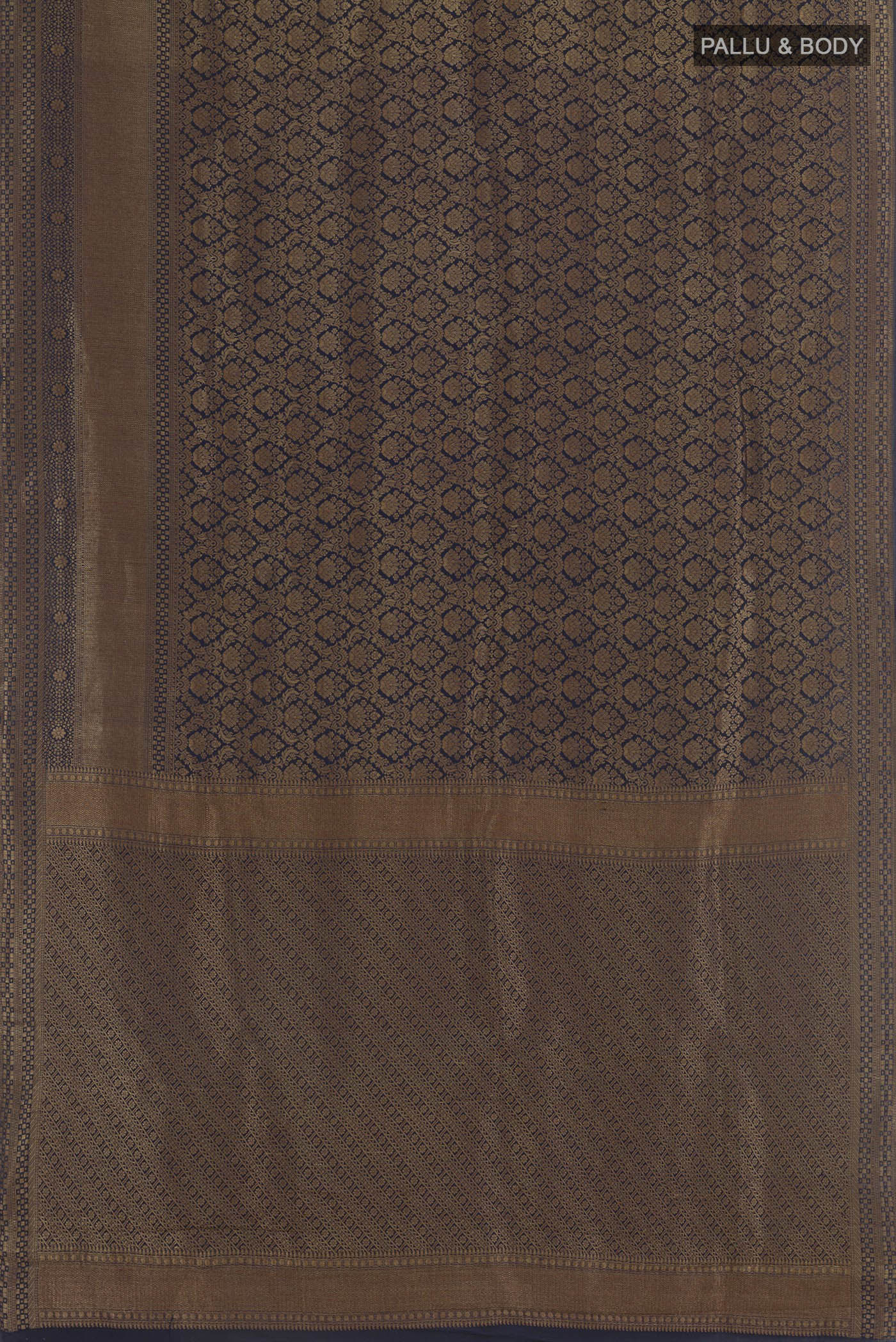 Flat view of Blue Mysore Crepe Saree with Zari Brocade on the body and Zari Border. 