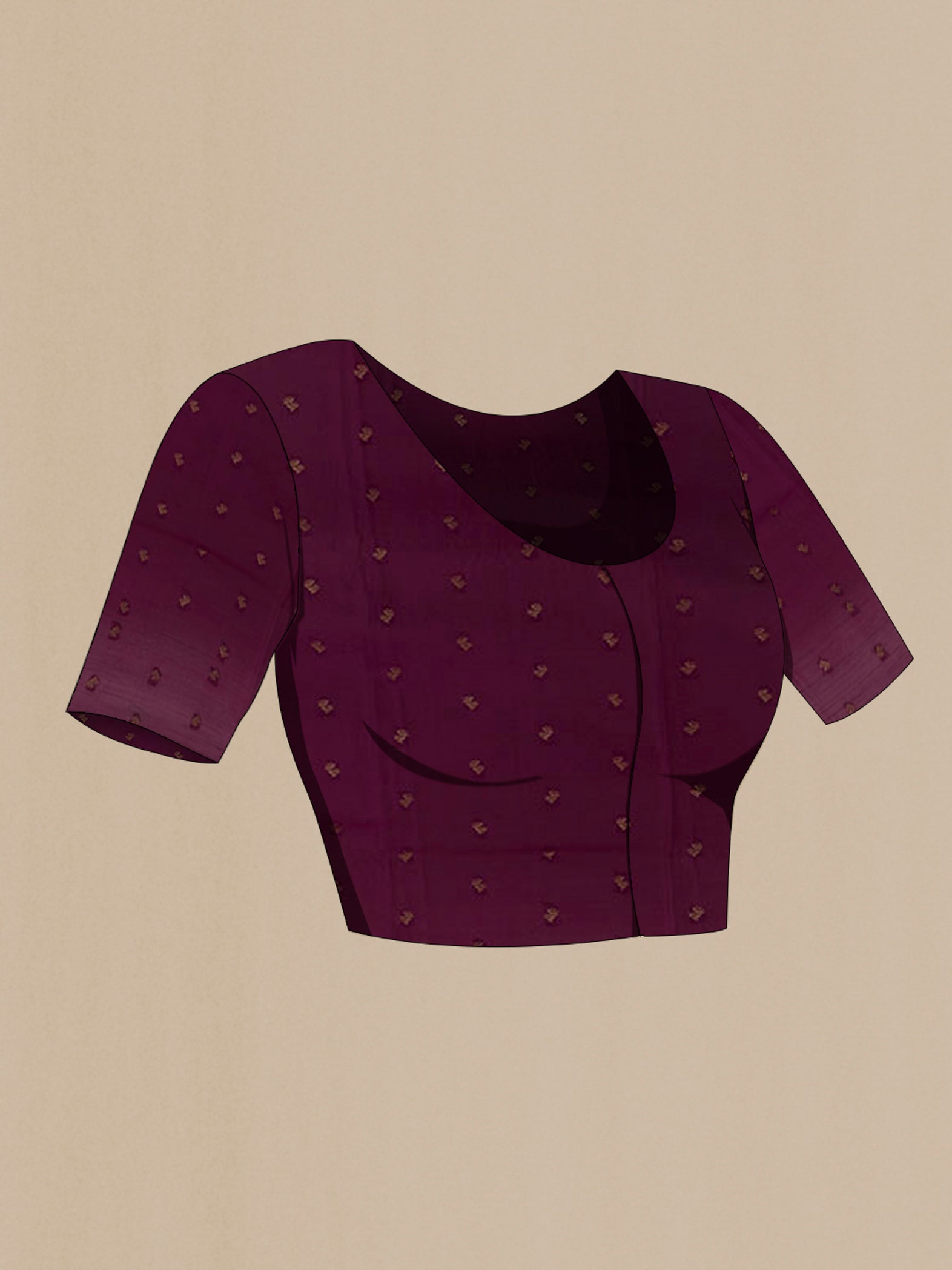 Close up image of the blouse of Purple Mysore Crepe Saree with Zari Brocade on the body and Zari Border. 