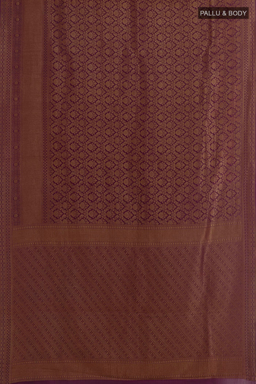 Flat view of Purple Mysore Crepe Saree with Zari Brocade on the body and Zari Border. 