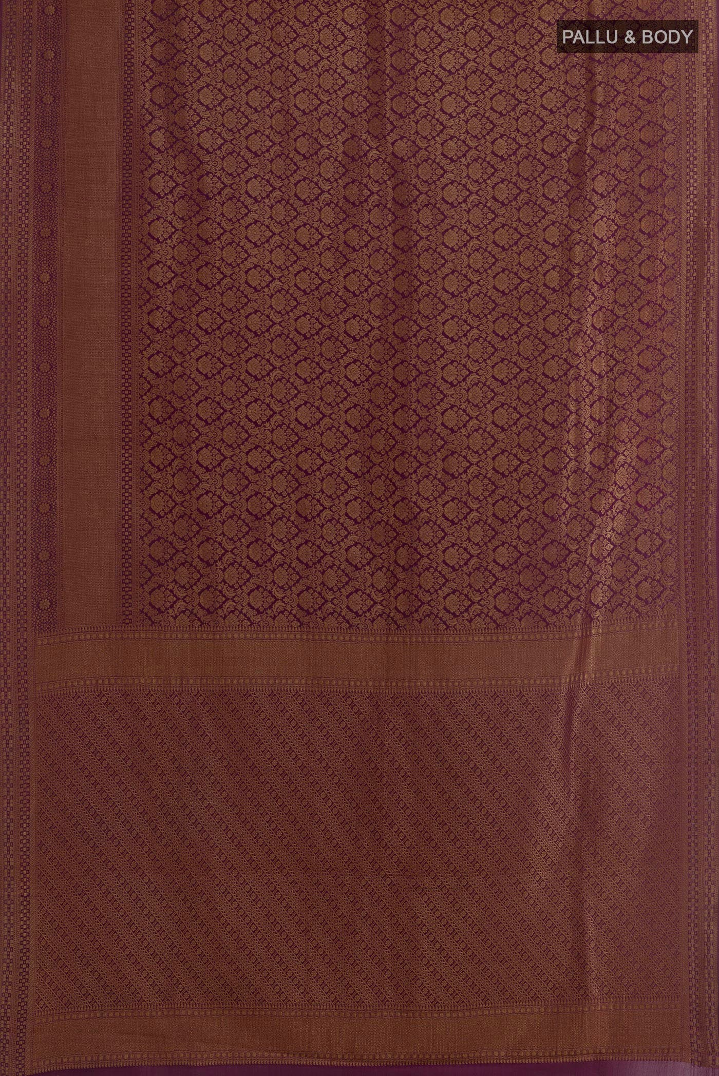 Flat view of Purple Mysore Crepe Saree with Zari Brocade on the body and Zari Border. 
