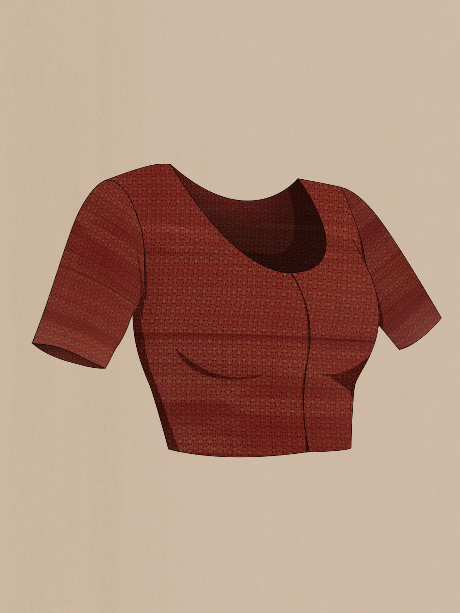 Close up image of the blouse of Red Mysore Crepe Saree with Zari Brocade on the body and Zari Border. 