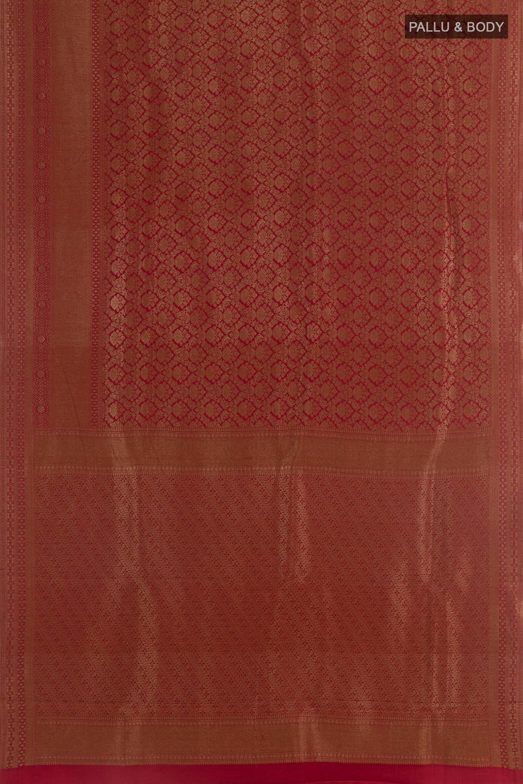 Flat view of Red Mysore Crepe Saree with Zari Brocade on the body and Zari Border. 