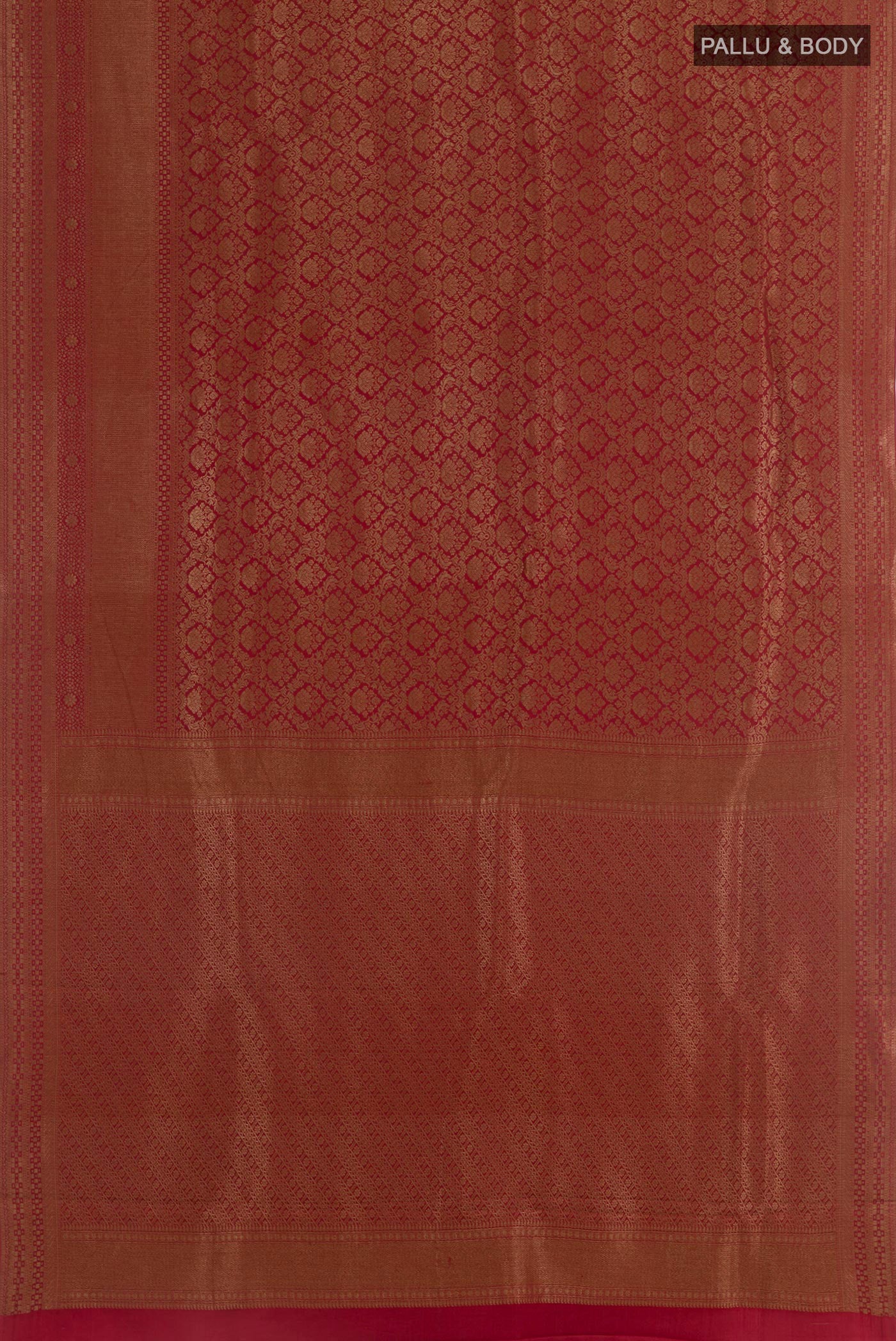 Flat view of Red Mysore Crepe Saree with Zari Brocade on the body and Zari Border. 