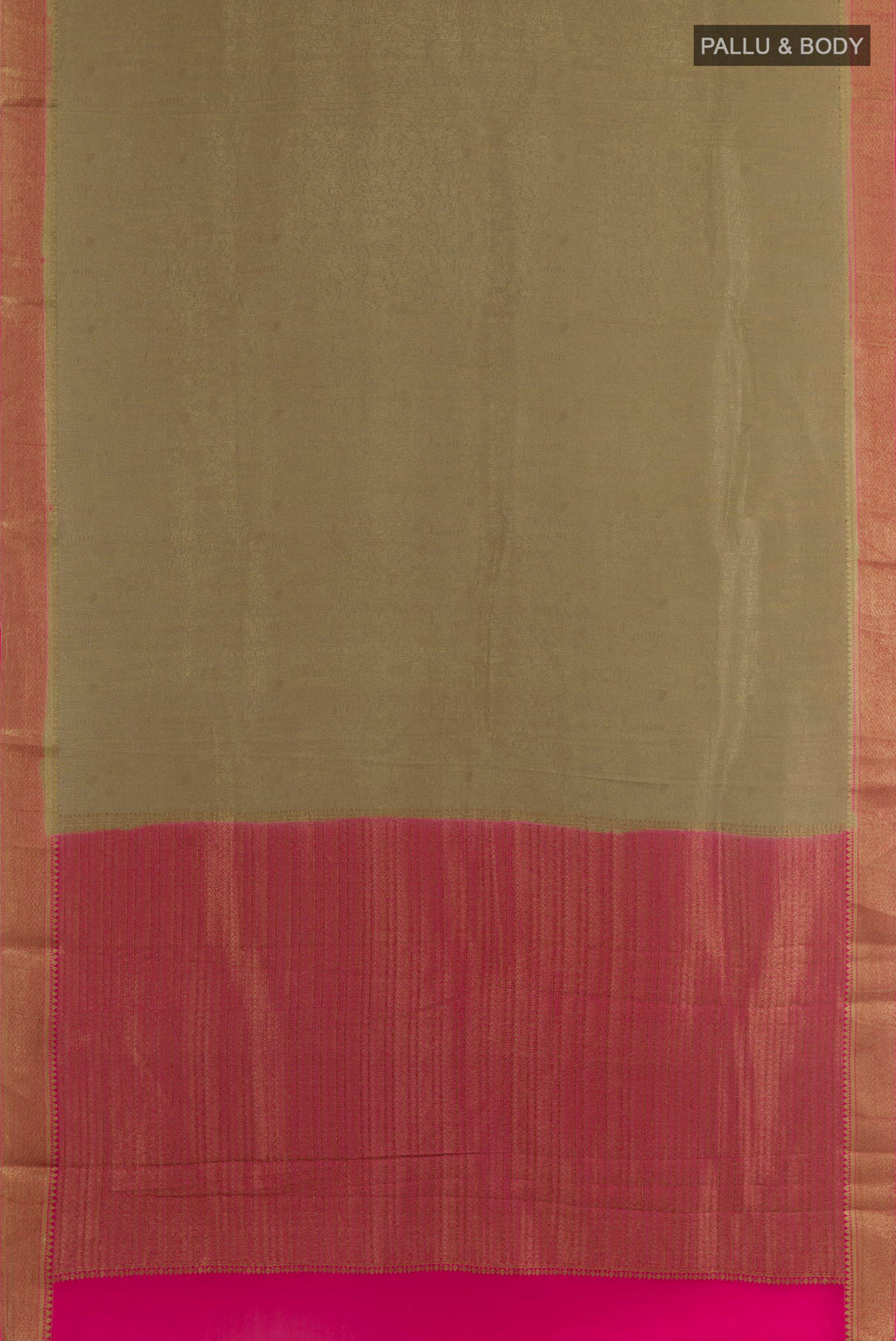 Flat view of Beige Mysore Crepe Saree with Zari Brocade on the body and Zari Border. 