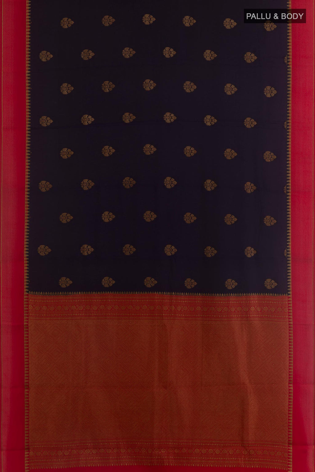 Flat view of Navy Blue Mysore Crepe Saree with Zari Butta on the body and Zari Border. 