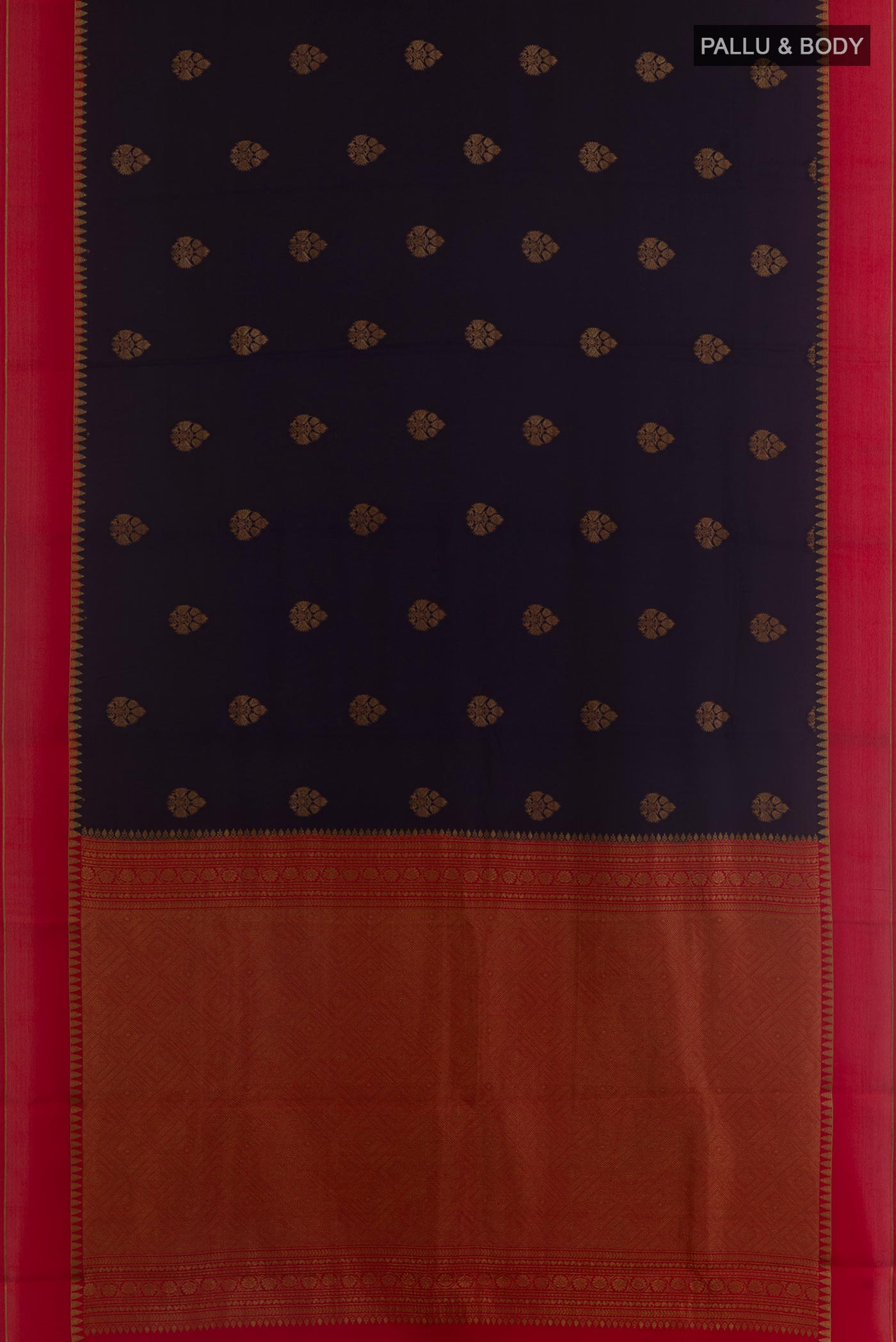 Flat view of Navy Blue Mysore Crepe Saree with Zari Butta on the body and Zari Border. 