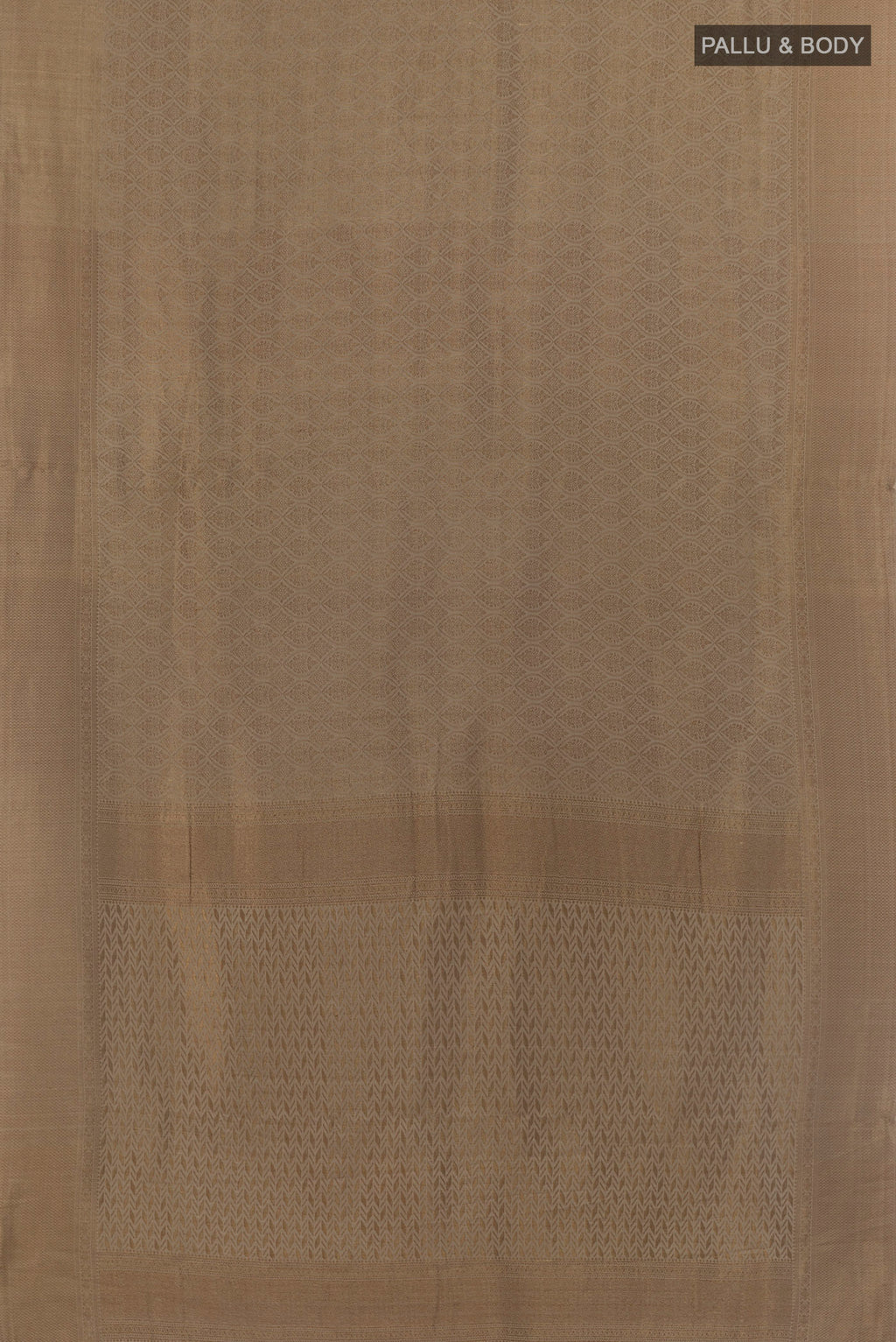 Flat view of Grey Mysore Crepe Saree with Zari Brocade on the body and Zari Border. 